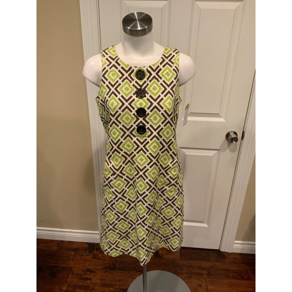 Michael Kors Green & Brown Geometric Button Front Shift Dress, Size 8